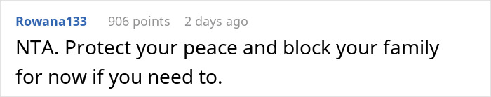 Screenshot of a comment on mom relationship drama with advice to protect peace and block family if needed. Screenshot of a comment on mom relationship drama with advice to protect peace and block family if needed.