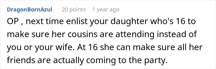 Comment advising to enlist a daughter's help for RSVP at a costly party. Comment advising to enlist a daughter's help for RSVP at a costly party.