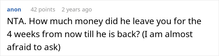 Reddit comment discussing a wife's struggle with a $100 Christmas plan while the husband vacations overseas. Reddit comment discussing a wife's struggle with a $100 Christmas plan while the husband vacations overseas.