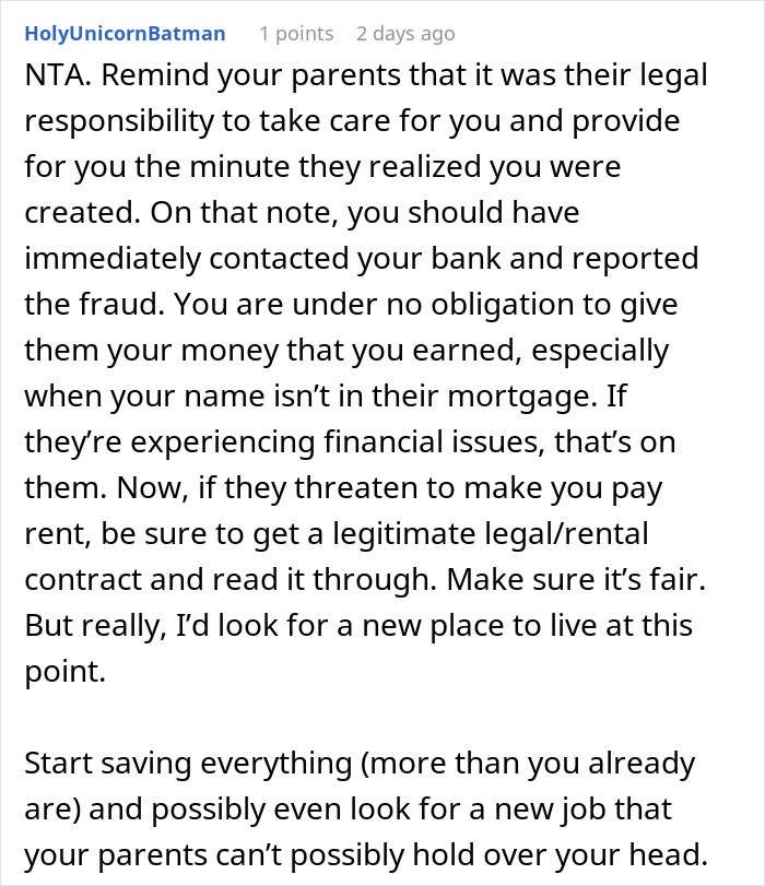 Comment advising daughter on parent's financial demands and legal responsibility. Comment advising daughter on parent's financial demands and legal responsibility.
