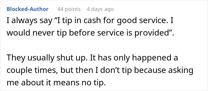 Customer discusses tip policy during a tipping disagreement online. Customer discusses tip policy during a tipping disagreement online.