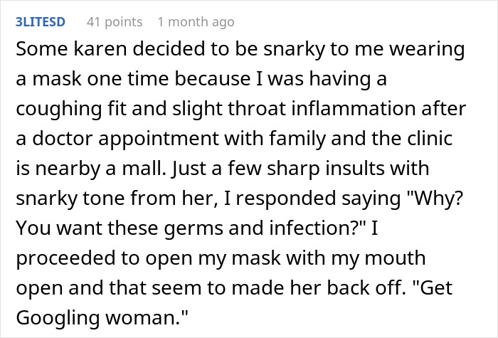 Text exchange showing a snarky comment about wearing masks and a witty petty revenge response. Text exchange showing a snarky comment about wearing masks and a witty petty revenge response.