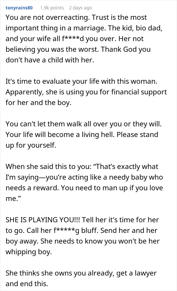 Reddit comment discussing trust issues in marriage, wife not believing husband about her ex being dishonest. Reddit comment discussing trust issues in marriage, wife not believing husband about her ex being dishonest.