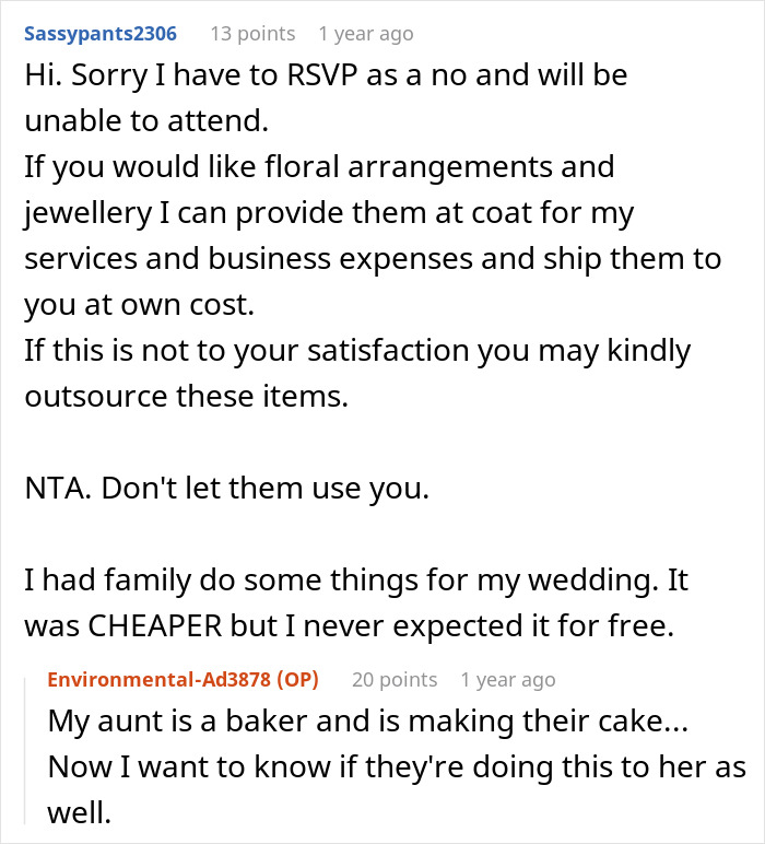 Text exchange about family wedding chores and RSVPs, discussing floral arrangements and cake responsibilities. Text exchange about family wedding chores and RSVPs, discussing floral arrangements and cake responsibilities.