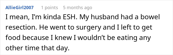 Reddit comment about a husband leaving during wife's surgery, discussing going to get food. Reddit comment about a husband leaving during wife's surgery, discussing going to get food.