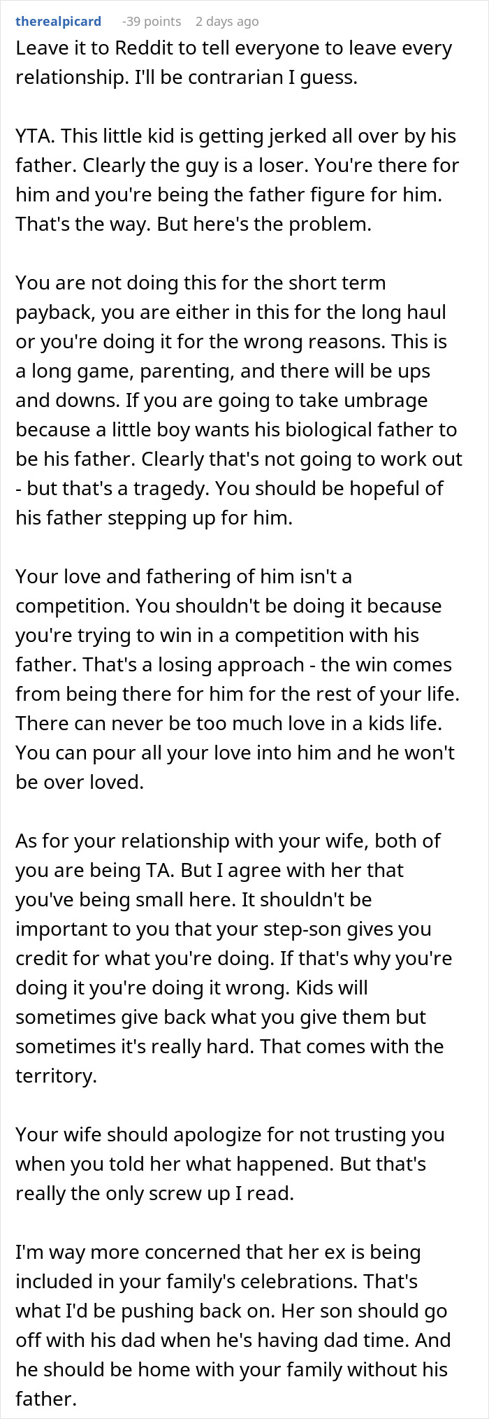 Reddit comment about a wife not believing her husband when he criticizes her ex, causing marital tension. Reddit comment about a wife not believing her husband when he criticizes her ex, causing marital tension.