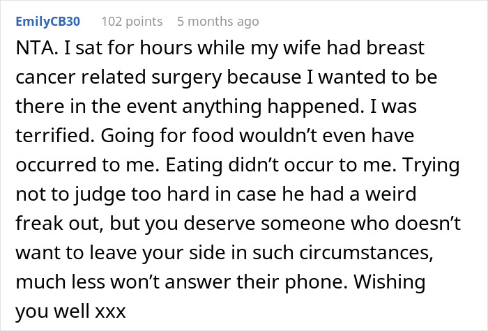 Reddit comment discussing a husband leaving his wife during surgery and the importance of support. Reddit comment discussing a husband leaving his wife during surgery and the importance of support.