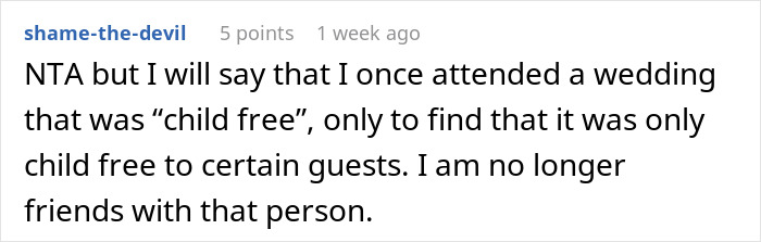 Reddit comment about child-free weddings and selective guest policy hypocrisy. Reddit comment about child-free weddings and selective guest policy hypocrisy.