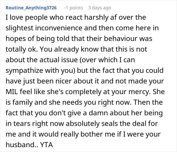 Online comment discussing harsh reaction towards MIL's behavior, highlighting family tensions and calling out insensitivity. Online comment discussing harsh reaction towards MIL's behavior, highlighting family tensions and calling out insensitivity.