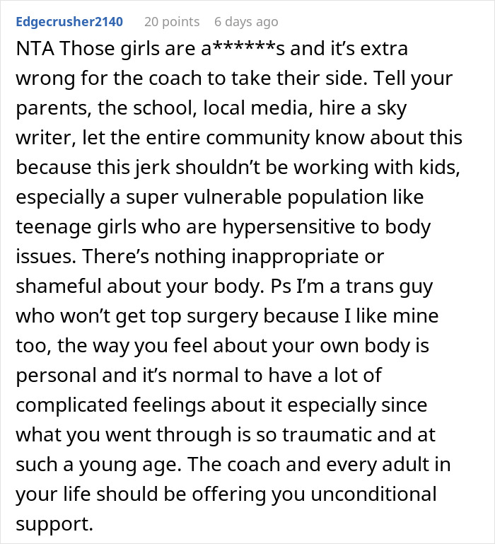 Comment criticizing coach's actions and supporting teen's right to body autonomy. Comment criticizing coach's actions and supporting teen's right to body autonomy.