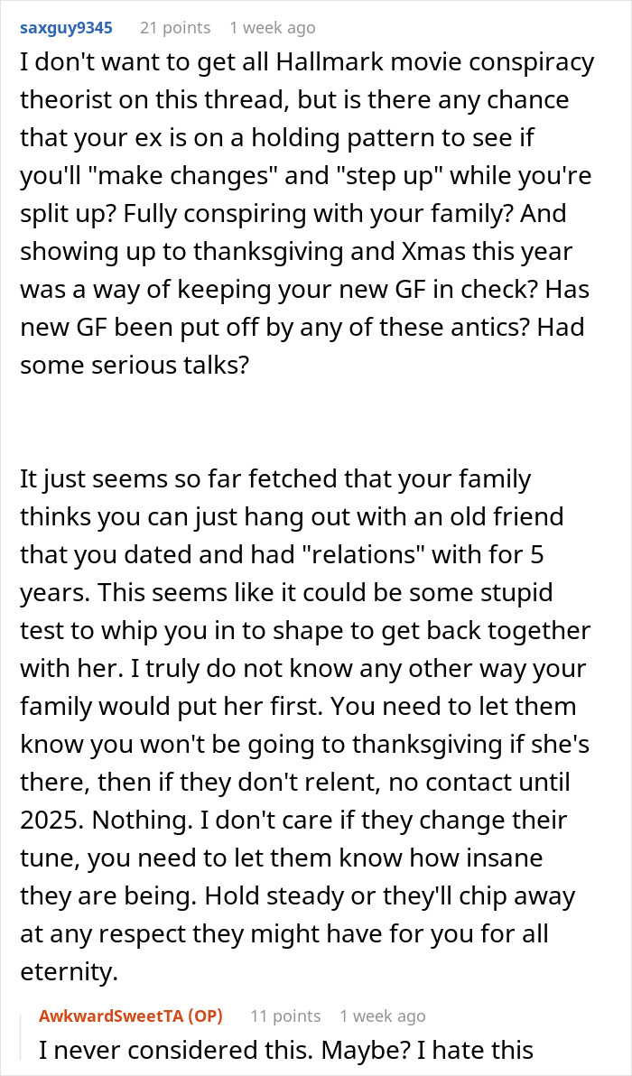 Man seeks advice on family inviting ex for Thanksgiving and Christmas. Man seeks advice on family inviting ex for Thanksgiving and Christmas.