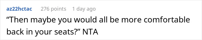 Text comment about a plane chair dispute involving giving space, with a quote about being comfortable in seats. Text comment about a plane chair dispute involving giving space, with a quote about being comfortable in seats.
