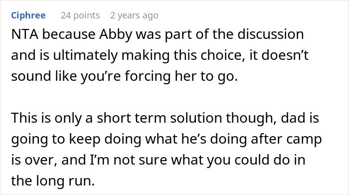Comment discussing daughter's choice to attend a camp as a solution to unhealthy eating habits. Comment discussing daughter's choice to attend a camp as a solution to unhealthy eating habits.