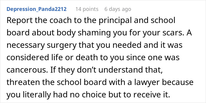Comment discussing reporting a coach for body shaming related to life-saving surgery scars. Comment discussing reporting a coach for body shaming related to life-saving surgery scars.