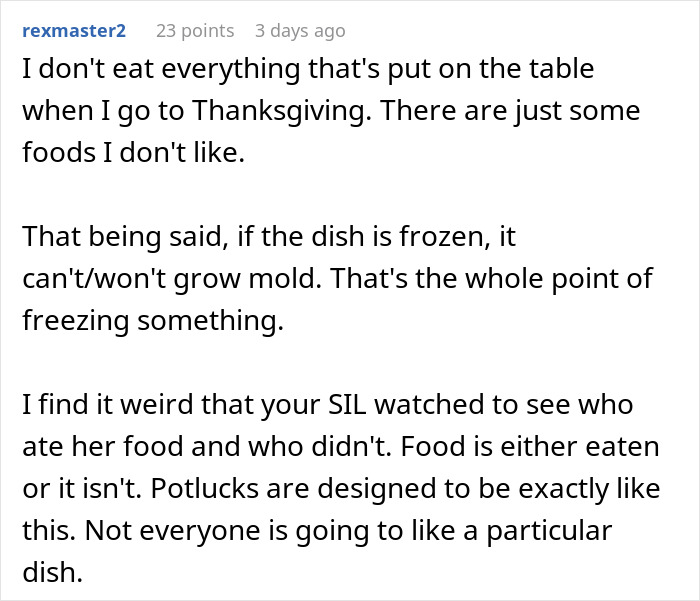 Reddit comment discussing Thanksgiving dish and food preferences. Reddit comment discussing Thanksgiving dish and food preferences.