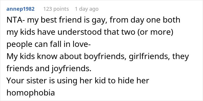Reddit comment discussing family dynamics and LGBTQ+ acceptance. Reddit comment discussing family dynamics and LGBTQ+ acceptance.
