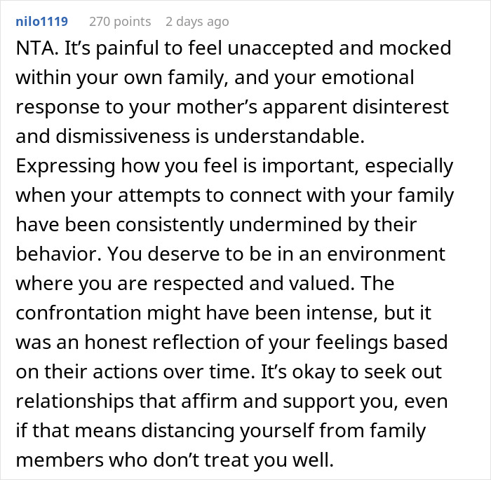 Comment addressing feelings of being unaccepted and familial tension, related to mom-relationship-drama. Comment addressing feelings of being unaccepted and familial tension, related to mom-relationship-drama.
