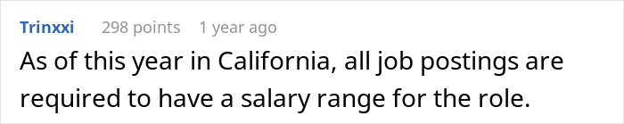 Text from a Reddit post about California requiring salary ranges in job postings. Text from a Reddit post about California requiring salary ranges in job postings.