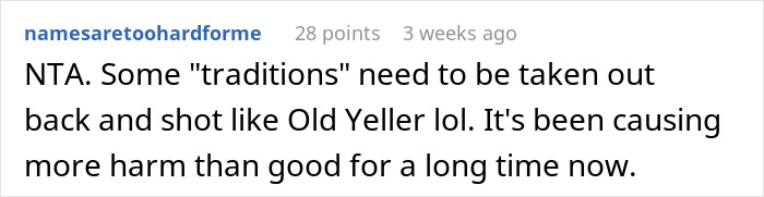 Text comment about breaking family tradition, referring to outdated practices. Text comment about breaking family tradition, referring to outdated practices.