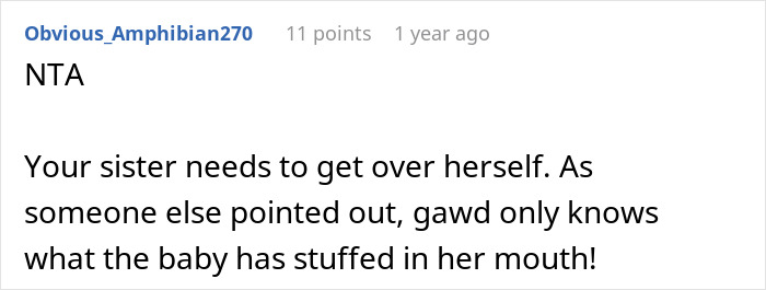 Reddit comment discussing a sister's reaction to a baby's behavior, highlighting a playful tone. Reddit comment discussing a sister's reaction to a baby's behavior, highlighting a playful tone.