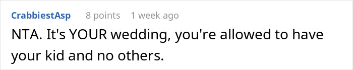 "Comment defending bride's choice to bring her child to her child-free wedding. "Comment defending bride's choice to bring her child to her child-free wedding.