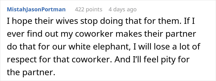 Reddit comment about coworkers avoiding responsibility in Secret Santa planning. Reddit comment about coworkers avoiding responsibility in Secret Santa planning.