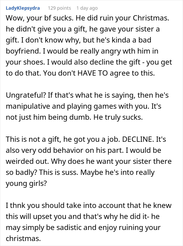 Text exchange discussing a man’s surprise gift gone wrong, leaving girlfriend upset. Text exchange discussing a man’s surprise gift gone wrong, leaving girlfriend upset.