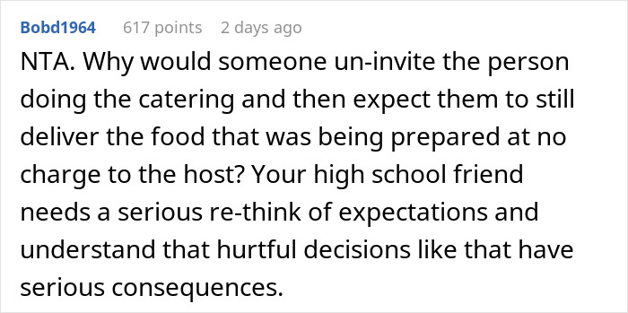 Reddit comment discussing an uninvited woman's refusal to deliver food made for a baby shower. Reddit comment discussing an uninvited woman's refusal to deliver food made for a baby shower.