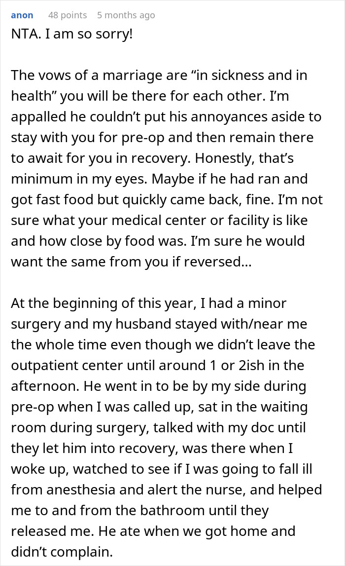 Text exchange about husband leaving wife during surgery, user shares similar experience. Text exchange about husband leaving wife during surgery, user shares similar experience.