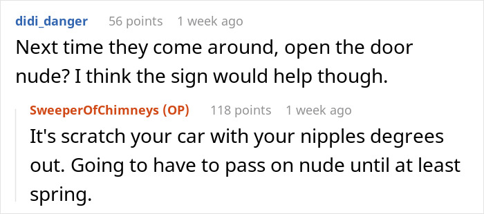 Reddit conversation joking about Mormons visiting, with humorous suggestions and responses. Reddit conversation joking about Mormons visiting, with humorous suggestions and responses.