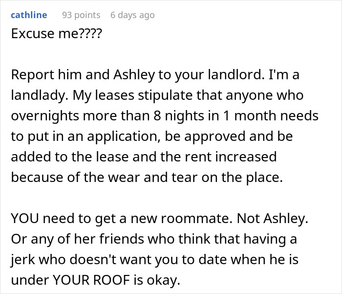 Text exchange showing a woman refusing to let roommate's boyfriend move in and discussing lease rules. Text exchange showing a woman refusing to let roommate's boyfriend move in and discussing lease rules.