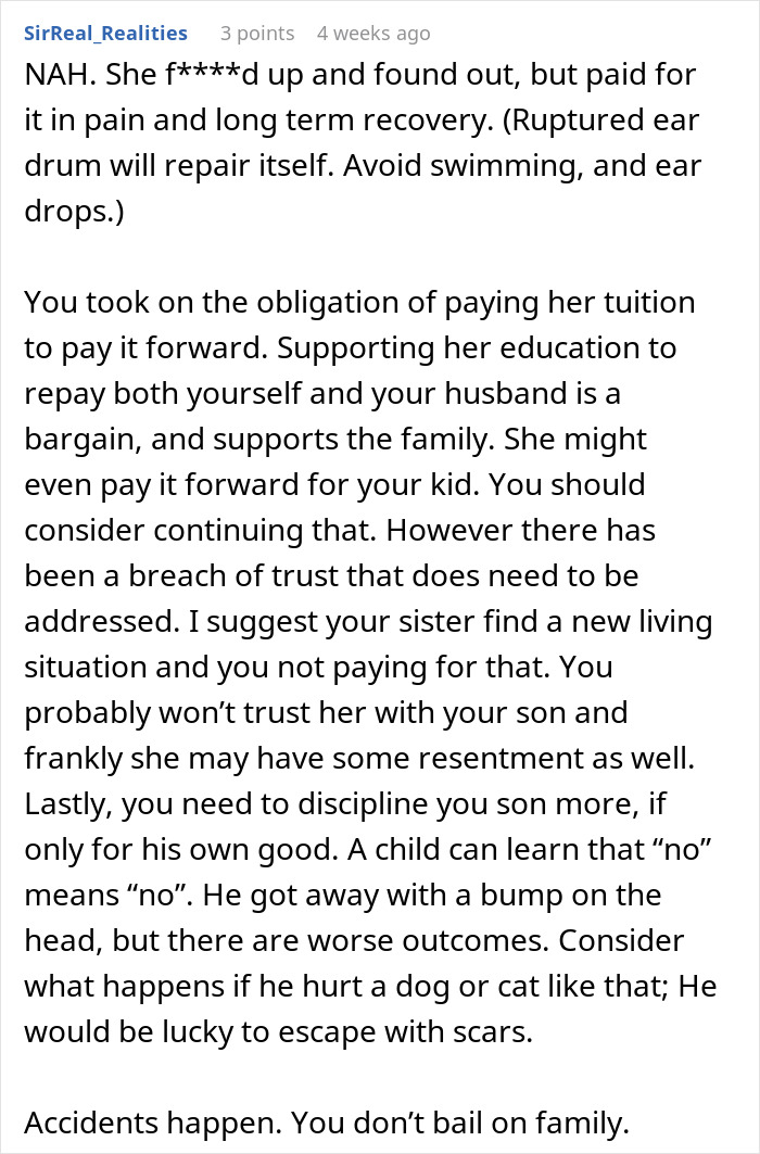 Text discussing refusing to pay sister's college, toddler concussion, and family trust issues. Text discussing refusing to pay sister's college, toddler concussion, and family trust issues.