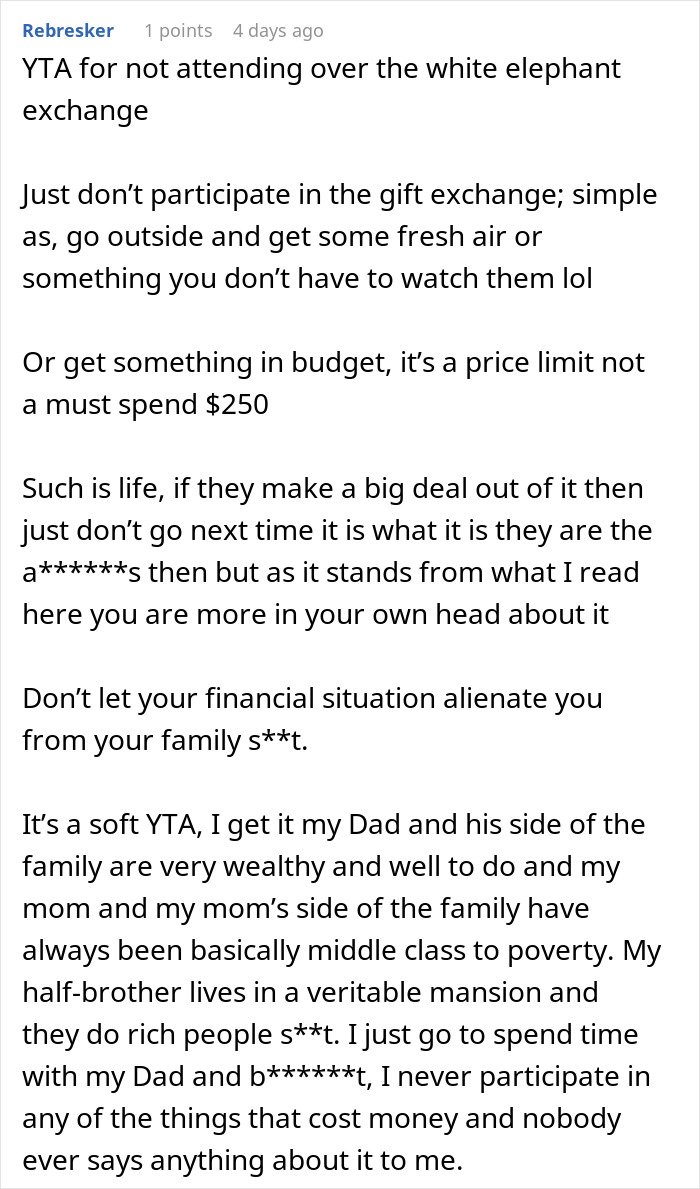 Text discussing skipping family holiday due to high white elephant gift cost at a Christmas party. Text discussing skipping family holiday due to high white elephant gift cost at a Christmas party.