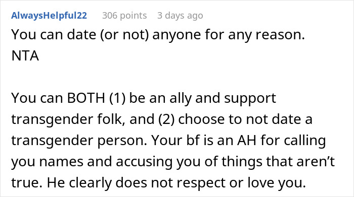 Text response discussing refusing dating boyfriend over trans issues, emphasizing personal choice and respect in relationships. Text response discussing refusing dating boyfriend over trans issues, emphasizing personal choice and respect in relationships.