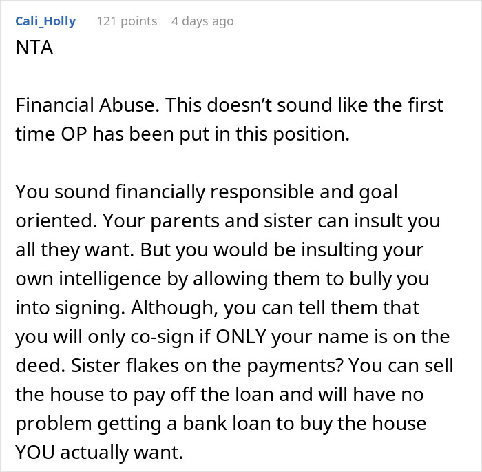 Reddit comment advising a woman on protecting finances over family obligations, addressing financial responsibility. Reddit comment advising a woman on protecting finances over family obligations, addressing financial responsibility.
