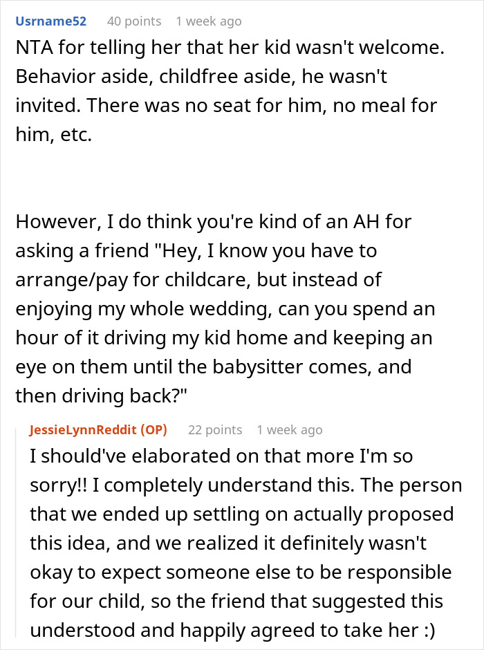 Reddit thread discussing bride's decision to bring her child to a child-free wedding, sparking debate among friends. Reddit thread discussing bride's decision to bring her child to a child-free wedding, sparking debate among friends.