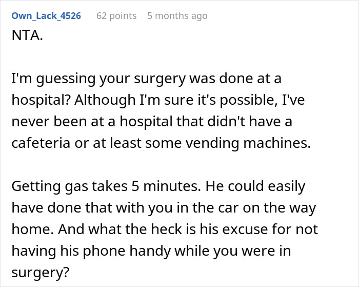 Reddit comment discussing husband being defensive after leaving wife during surgery. Reddit comment discussing husband being defensive after leaving wife during surgery.