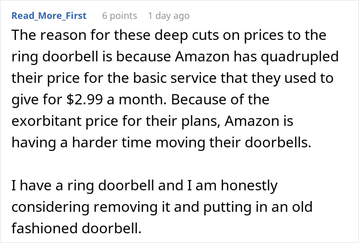 Text discussing Amazon's price increase on Ring doorbells and customer considerations. Text discussing Amazon's price increase on Ring doorbells and customer considerations.