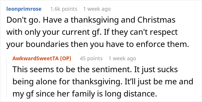 Online advice on handling a family's holiday invitation of an ex-girlfriend, emphasizing personal boundaries. Online advice on handling a family's holiday invitation of an ex-girlfriend, emphasizing personal boundaries.