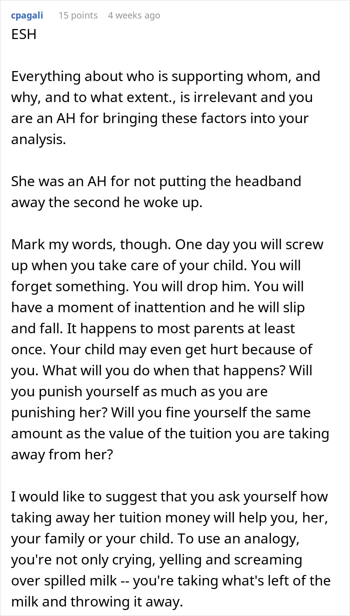 Reddit comment discussing refusing to pay sister's college due to toddler's concussion incident. Reddit comment discussing refusing to pay sister's college due to toddler's concussion incident.