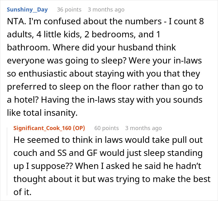 Reddit comments discussing in-law drama during an unplanned vacation visit. Reddit comments discussing in-law drama during an unplanned vacation visit.