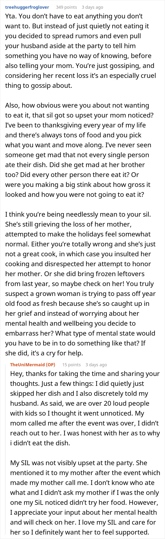 Reddit comment discussing Thanksgiving dish suspicion and family dynamics. Reddit comment discussing Thanksgiving dish suspicion and family dynamics.