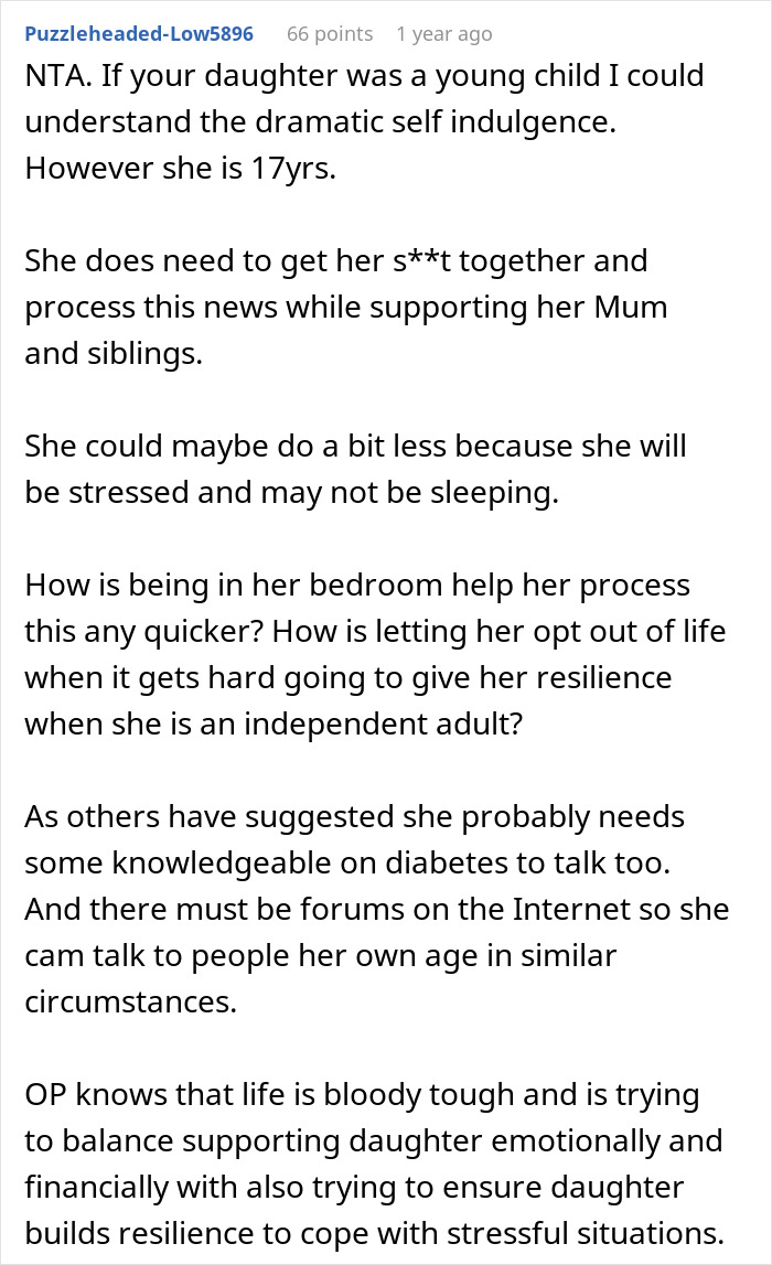 Comment discussing daughter's responsibilities despite disease, highlighting divided opinions on parenting challenges. Comment discussing daughter's responsibilities despite disease, highlighting divided opinions on parenting challenges.
