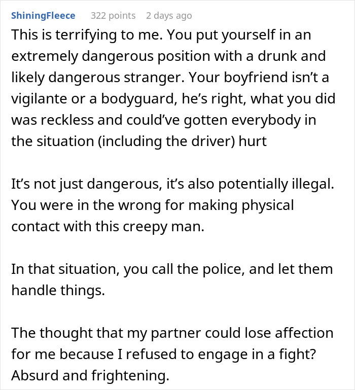 Opinion change about boyfriend after his refusal to help; text discussing safety and relationship tension. Opinion change about boyfriend after his refusal to help; text discussing safety and relationship tension.