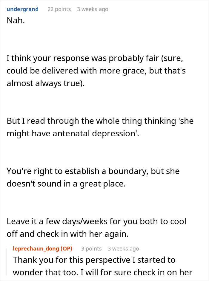 Reddit discussion about a pregnant friend's complaints, suggesting antenatal depression and setting boundaries. Reddit discussion about a pregnant friend's complaints, suggesting antenatal depression and setting boundaries.