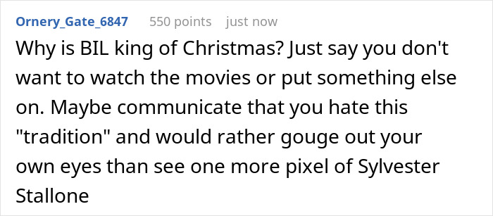 Text from a comment discussing dislike for brother Rocky movie tradition during Christmas. Text from a comment discussing dislike for brother Rocky movie tradition during Christmas.