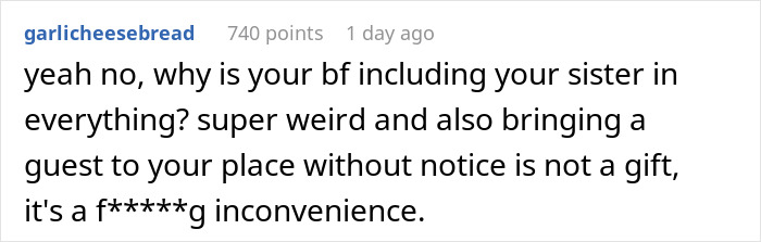 Reddit comment criticizing unexpected surprise by boyfriend involving girlfriend's sister. Reddit comment criticizing unexpected surprise by boyfriend involving girlfriend's sister.