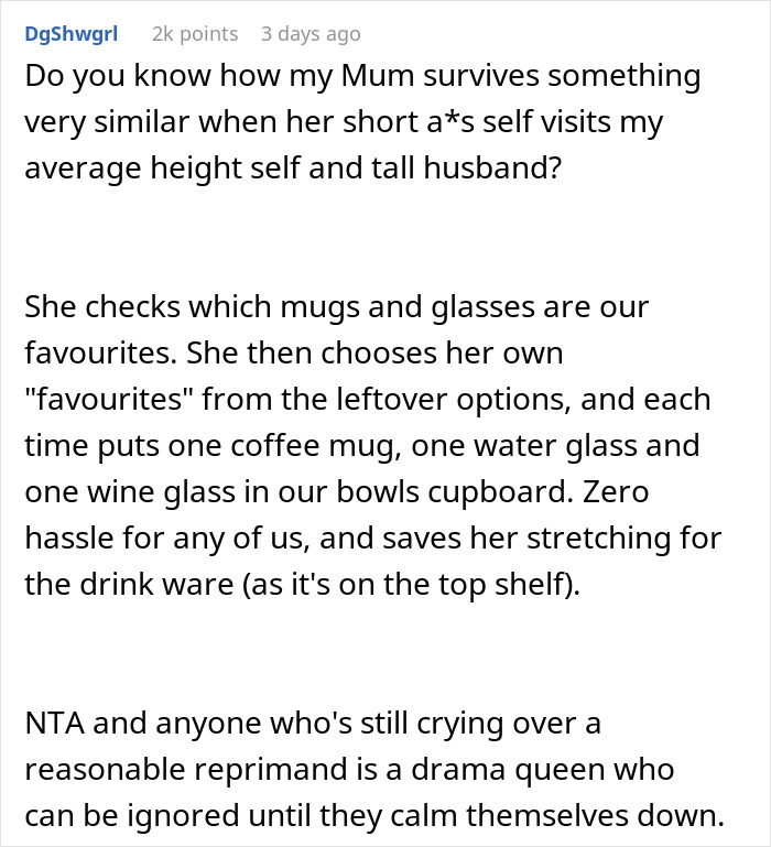 Text exchange about MIL's mug preferences causing household tension. Text exchange about MIL's mug preferences causing household tension.