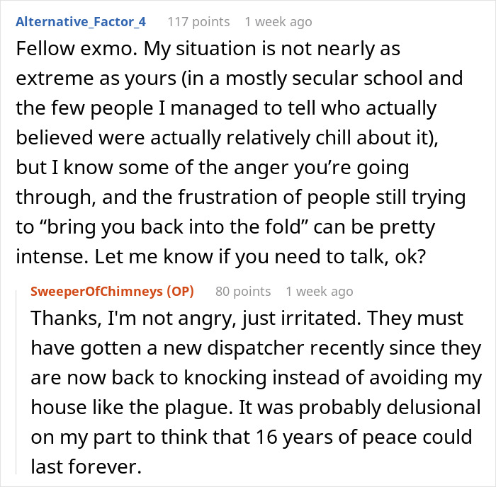 Text discussing the persistent efforts of Mormons to reconnect with former members. Text discussing the persistent efforts of Mormons to reconnect with former members.