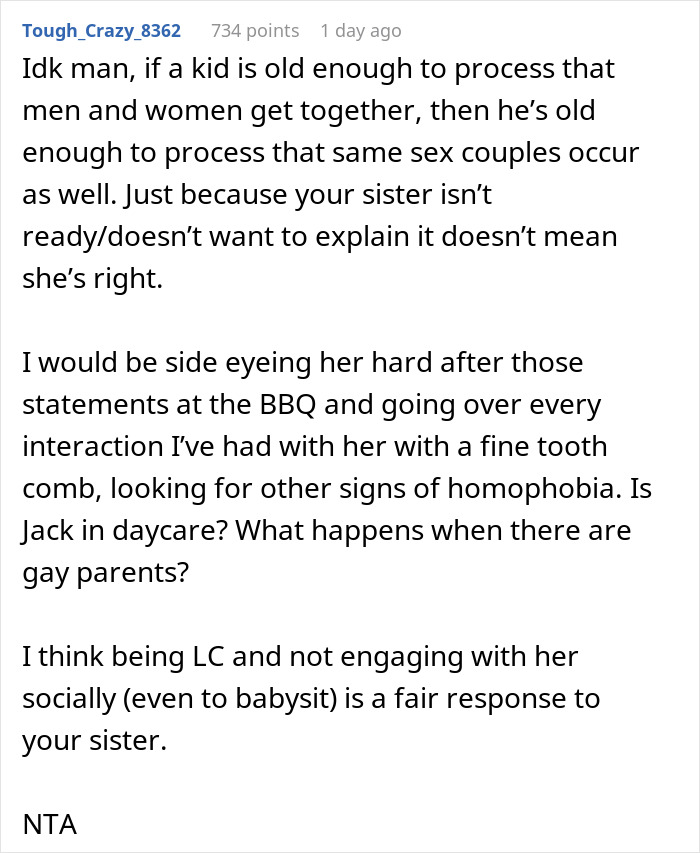 Reddit comment discussing family's views on same-sex couples and the decision to stop babysitting. Reddit comment discussing family's views on same-sex couples and the decision to stop babysitting.
